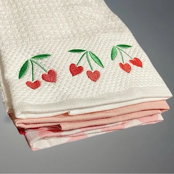 NEW Casaba Embroidered Kitchen Towel Set of 3 Hearts Solid Pink Cherries Cotton - Picture 4 of 7